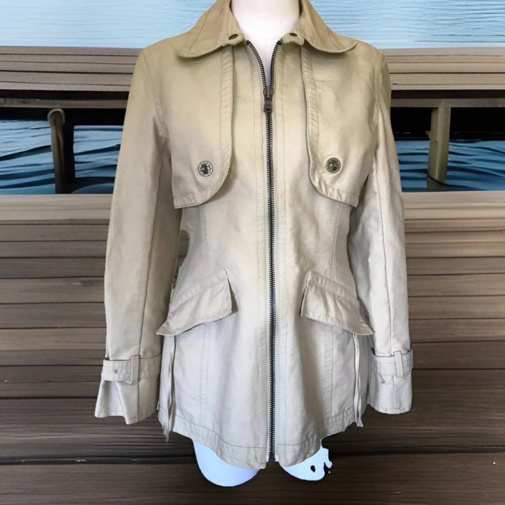 Tommy Hilfiger Tan Zip Front Back Belted Mid Length Jacket